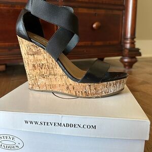 Steve Madden Black Cork Wedge Sandals 8.5